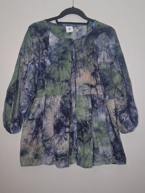 CAbi Woodstock Blouse Tunic Linen Blend Green Blue Tie Dye Festival Boho Size M